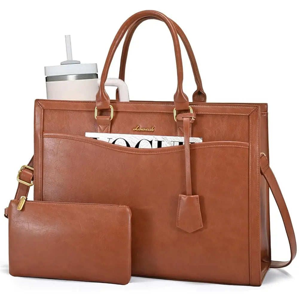 LOVEVOOK brown leather laptop tote bag for women with matching clutch, structured design, and gold hardware.