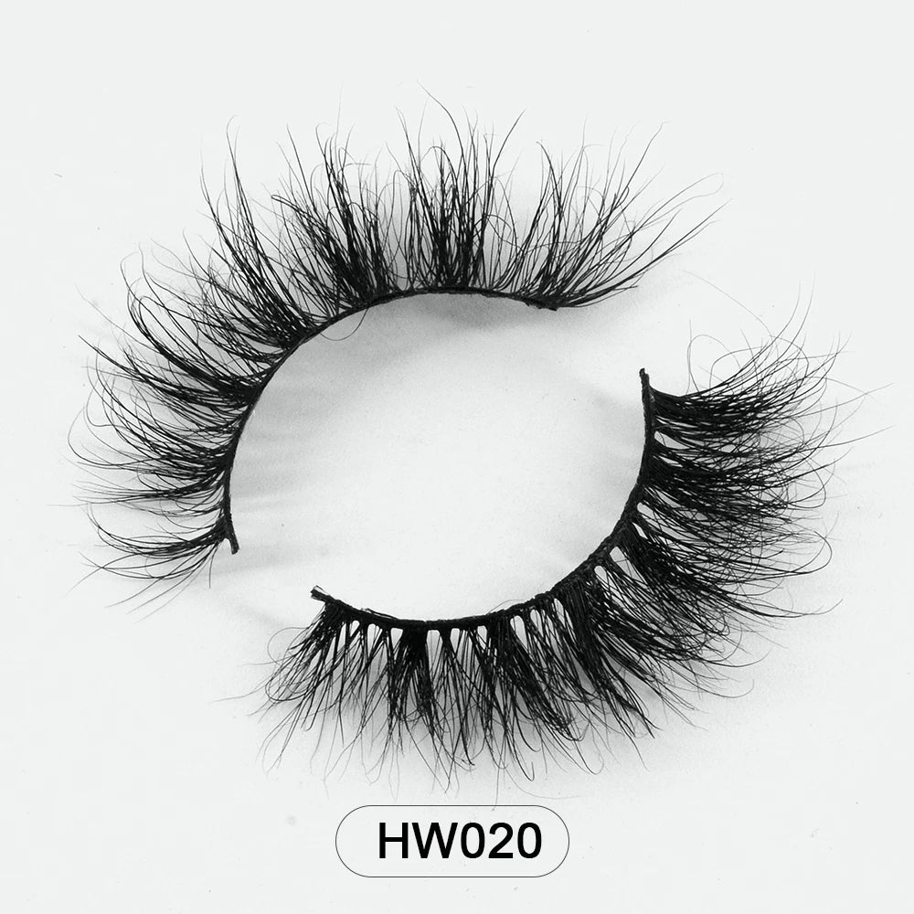 A pair of wispy, 3D black mink false eyelashes with a flexible band, labeled HW020 on a white background.