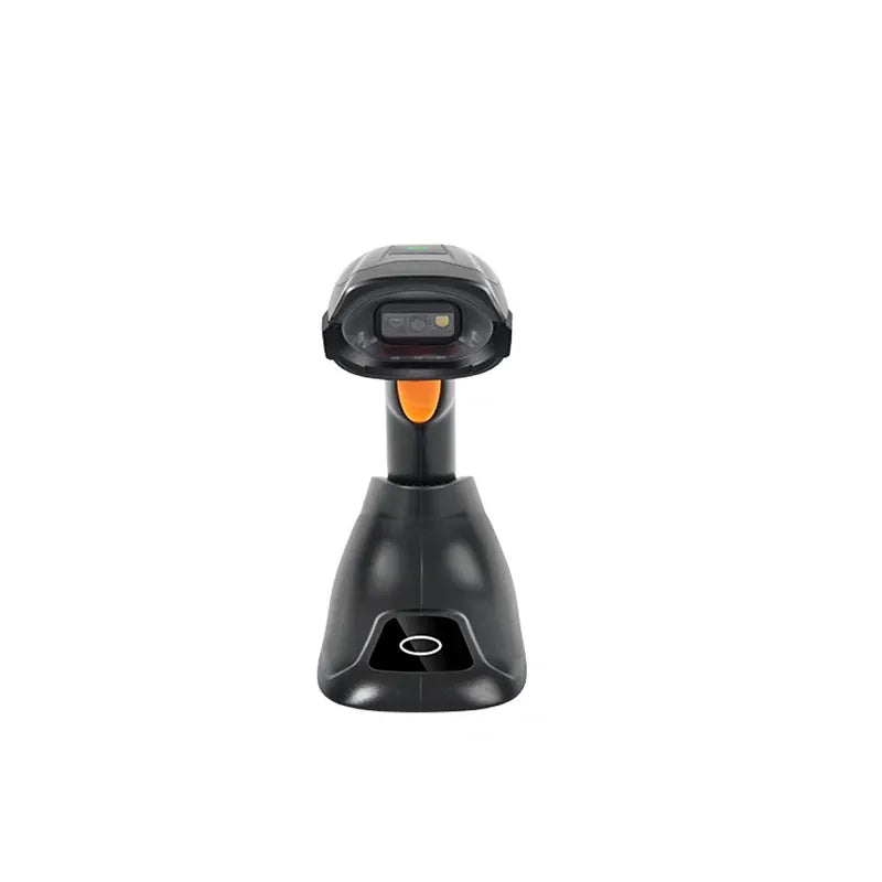 Handheld barcode scanner front view with scan window and orange light