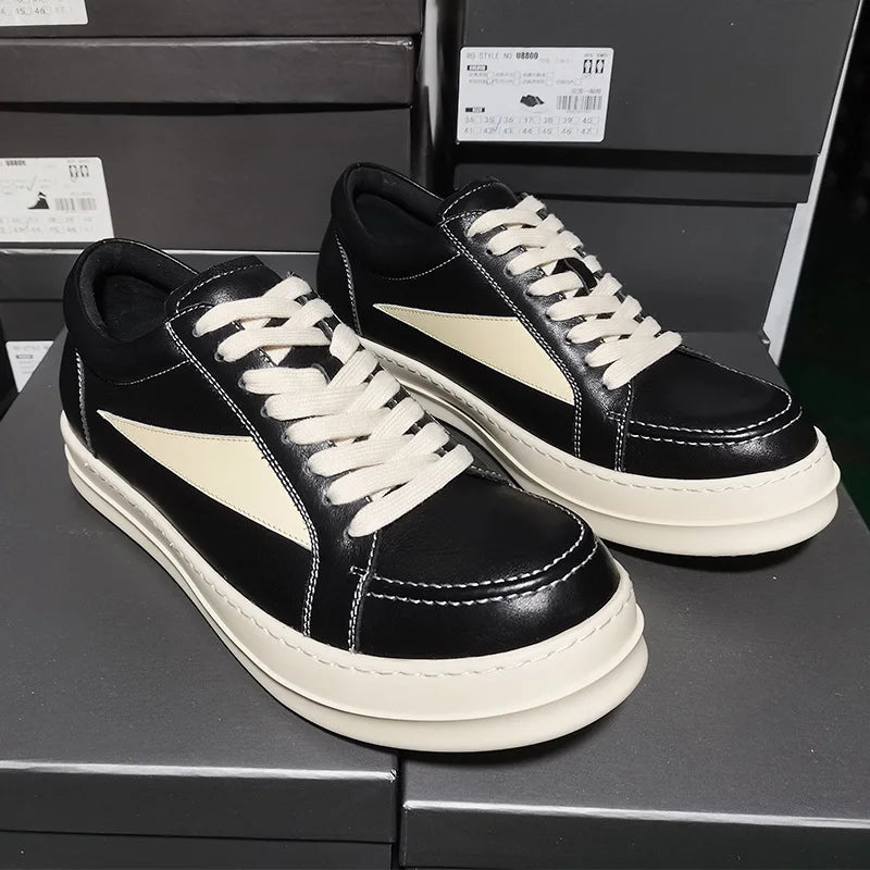 Men's Black Leather Lace-up Sneaker Casual Flat Shoe Genuine Leather Lining Lightweight Cushioned Monk Strap Style Luxury Shoes
