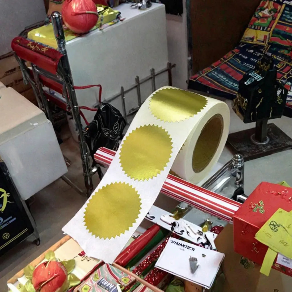 Gold self-adhesive metal sticker roll with scalloped embossed label designs