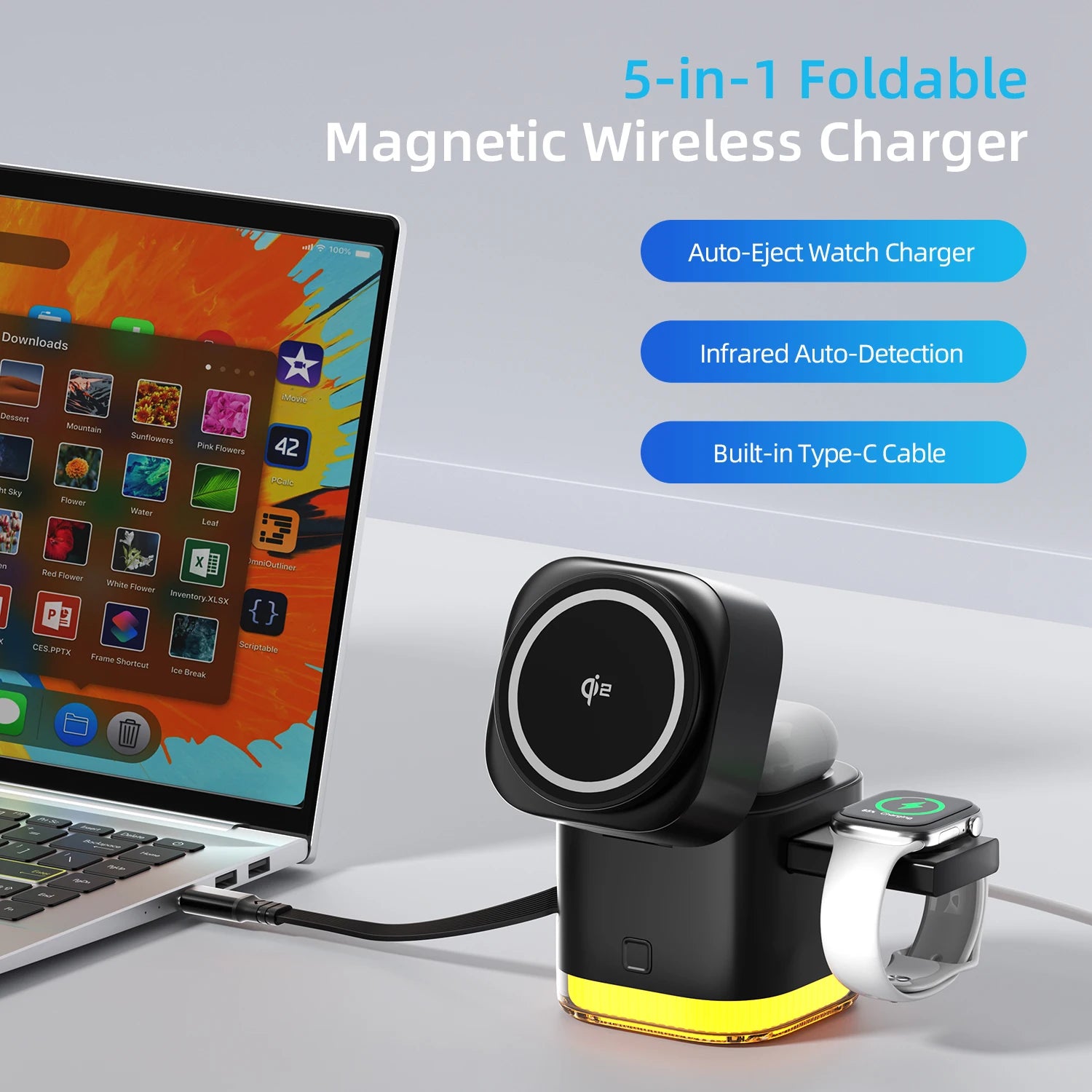 Multifunction Charger 5-in-1 Foldable Magnetic Wireless Charger With Built-in Cable Perfect for Bedroom/Office (OEM Support) Tidesmit