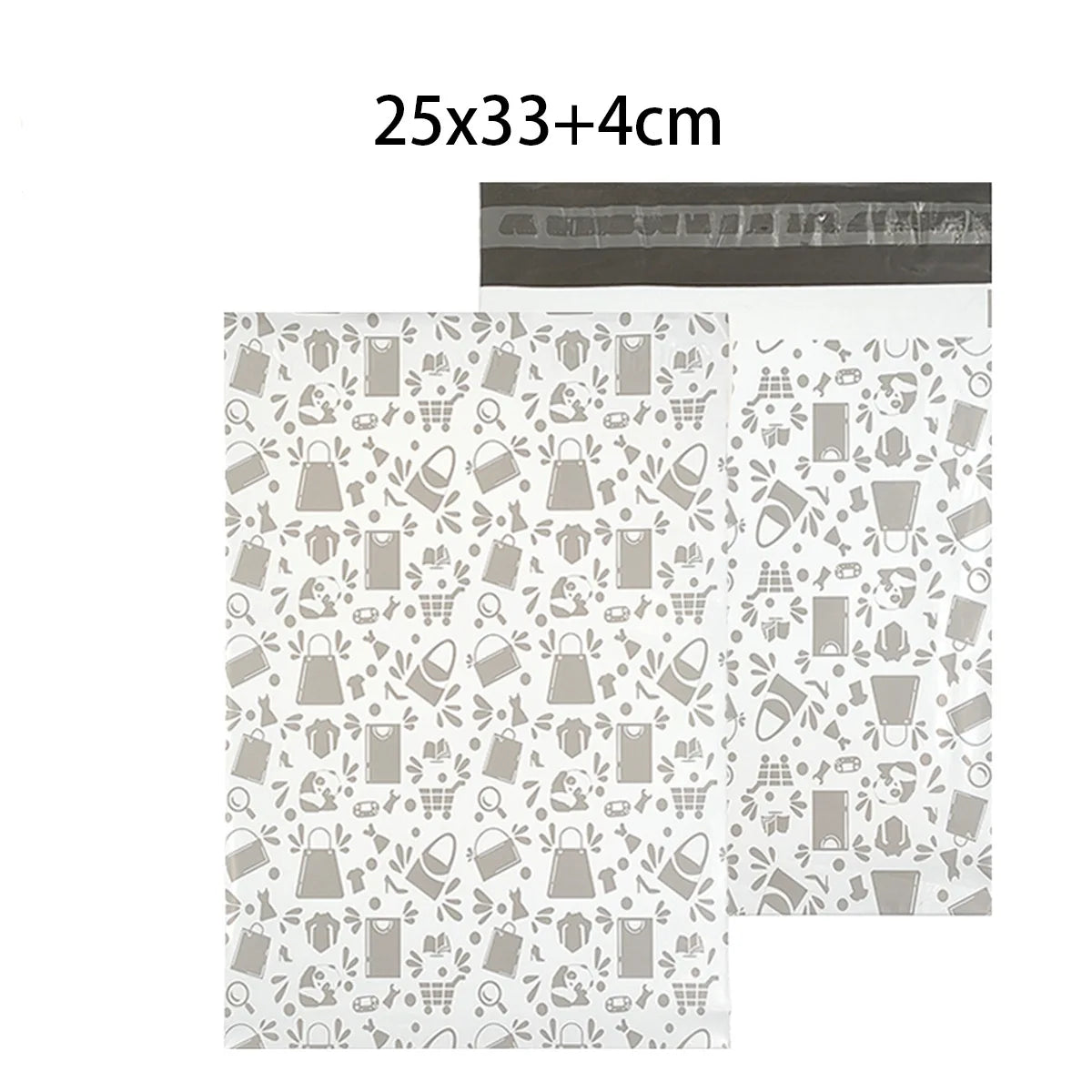 White poly mailer with gray shopping-themed doodle pattern and sealed top edge