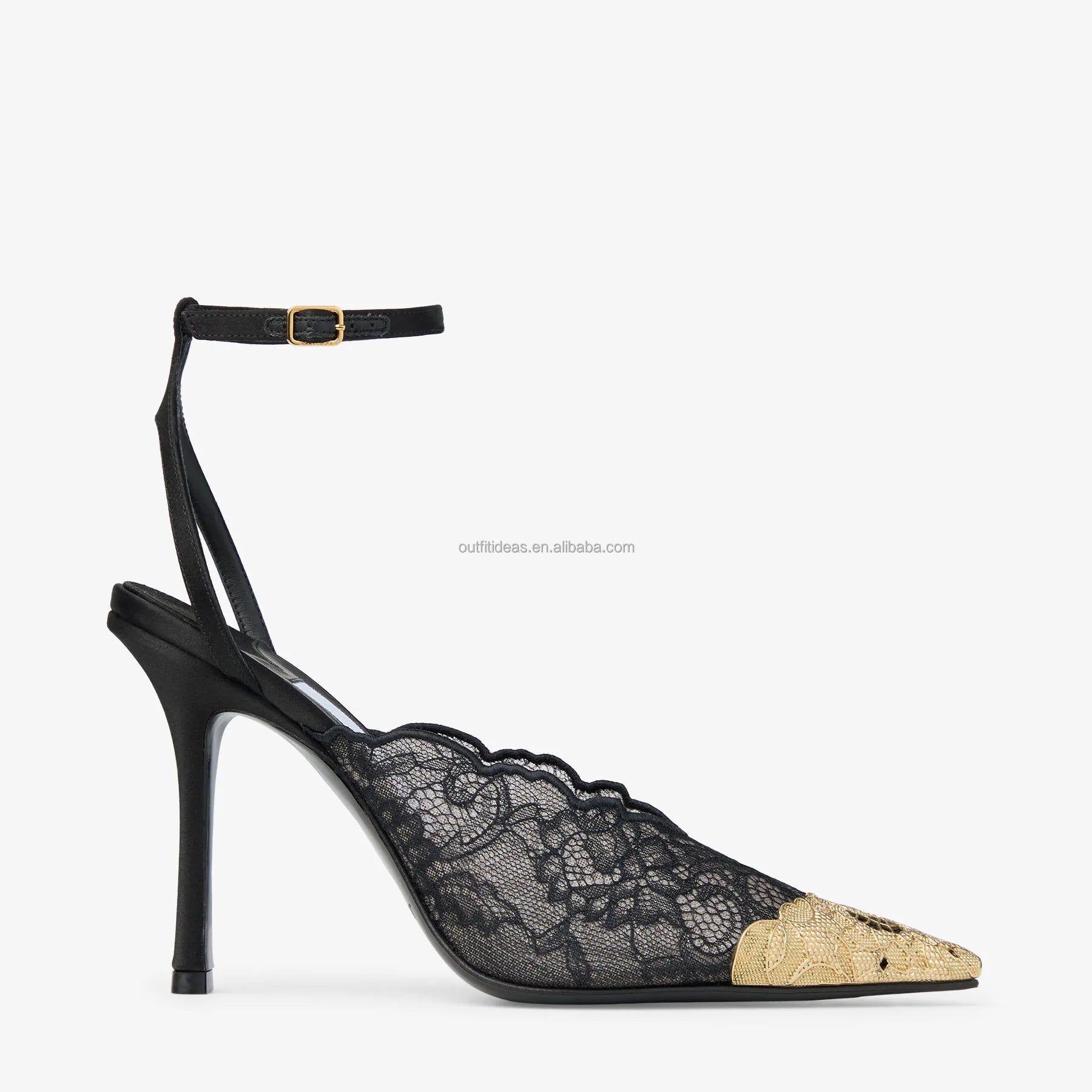 Metal Lace Embroidered Wedding Sexy Heels 100mm Lace Ankle Strap Black Strappy Sandal Sparkly Stiletto Prom Shoes Lace Pumps