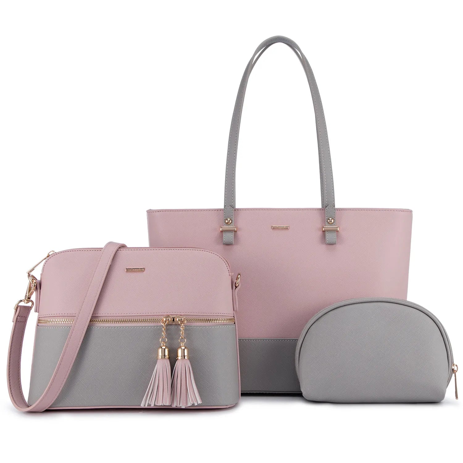 3-piece designer handbag set in pink and grey faux leather, featuring a tote, crossbody with tassels, and pouch.