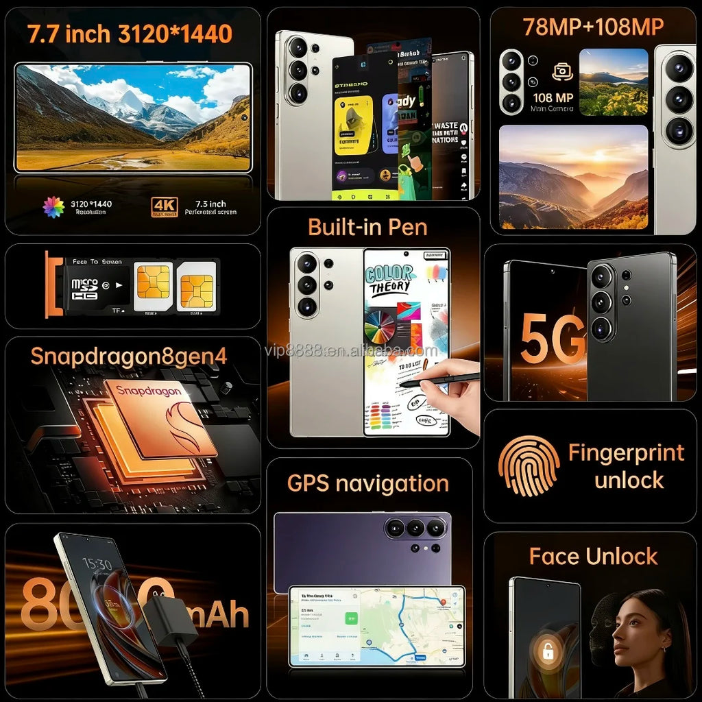 Tidesmit S26 Ultra 7.7 inch 5G smartphone with S-Pen, 22GB RAM, 2TB storage, and Android 15 big screen display.