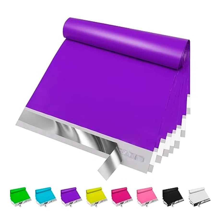 Purple waterproof poly mailer with self-sealing flap, 10x13 shipping bag
