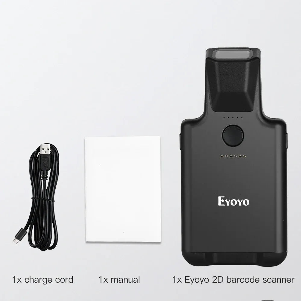 Eyoyo 2D barcode scanner with charging cable, manual, and accessory box contents