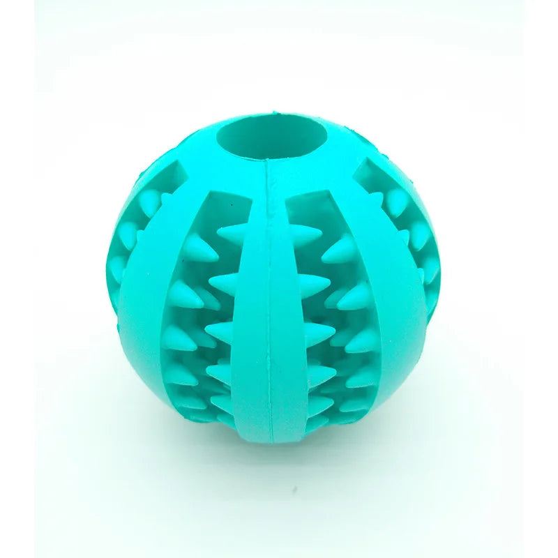Teal TPR rubber dog molar chew ball for dental cleaning and interactive play. Durable, textured puppy toy for tugging.