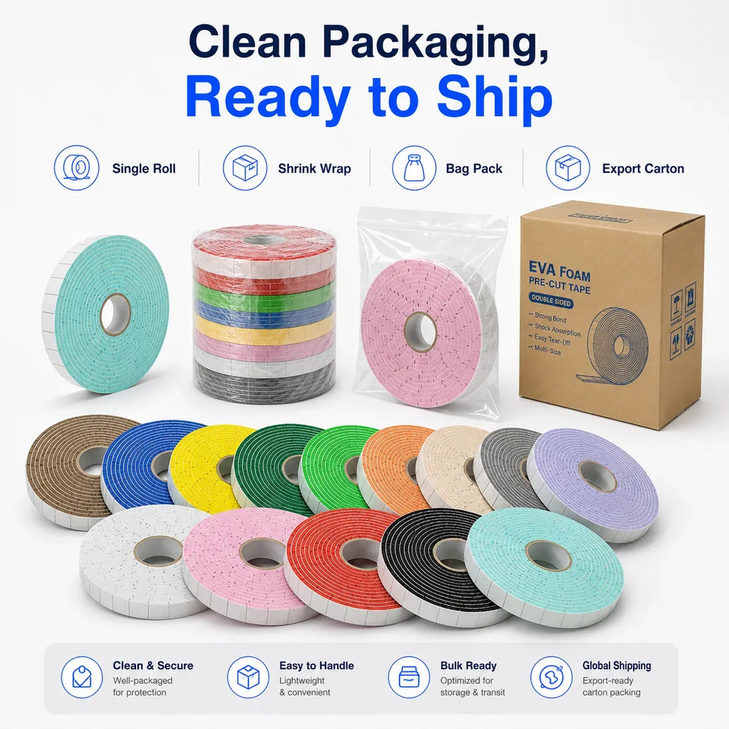Double-sided EVA foam tape rolls with clean packaging and ready-to-ship box