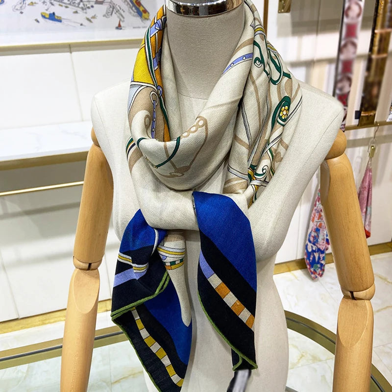 Luxurious 140x140cm Large Square Small Carriage Printed Cashmere Silk Scarf Gift Specially Designed for Elegant Individuals
