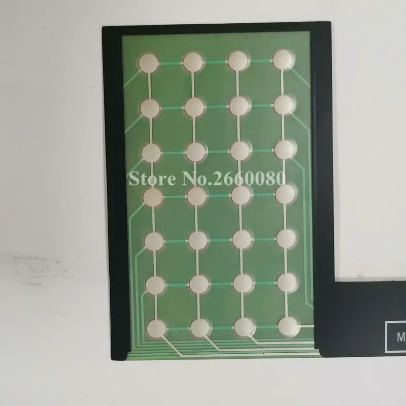 Green contact keypad film with white circular button grid and black border