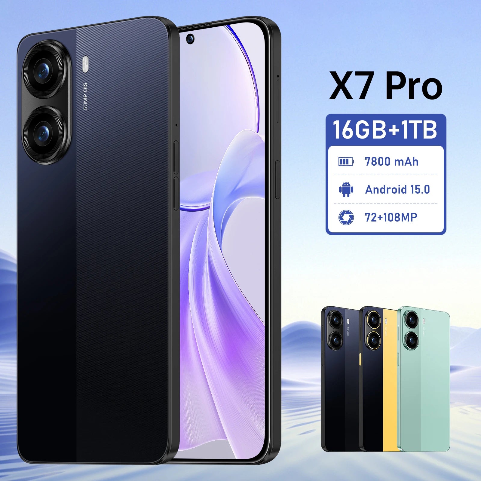 Tidesmit X7 Pro smartphone featuring a 7.3 inch display and 7800mAh battery in a sleek modern design