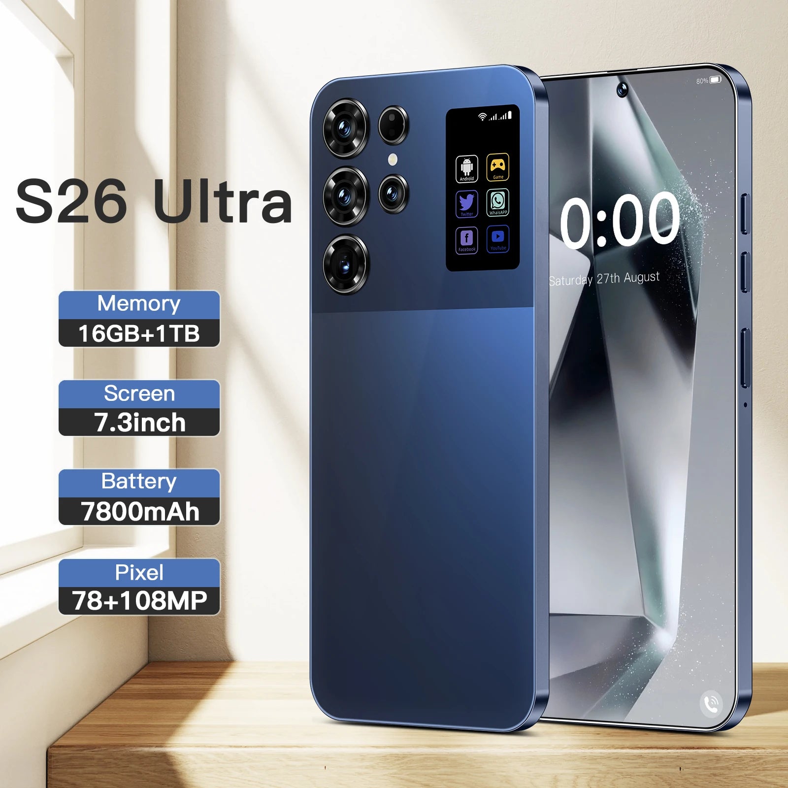 New S26 Ultra Smart 5G Smartphone 16GB+1TB Storage Android14 Cellphone  7.3 Inch HD Screen Unlocked 4G/5G Mobile Phone - Tidesmit