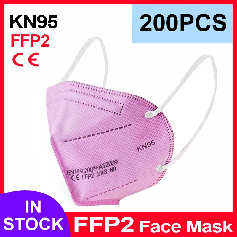 Pink KN95 FFP2 face mask with 5-layer protective filter, textured non-woven fabric, and comfortable white ear loops.