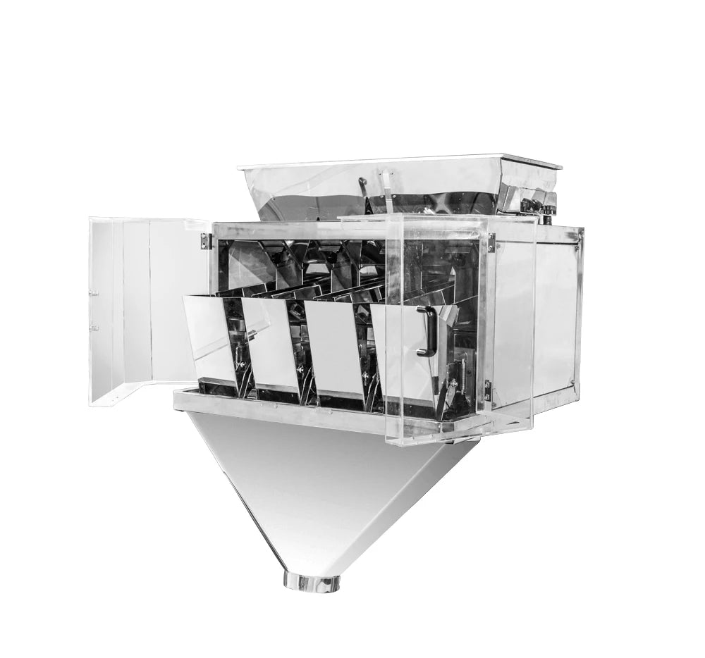 Stainless steel linear weighing machine with open hopper and weighing chamber