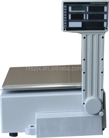 Electronic tabletop weighing scale side view with vertical support and digital display.
