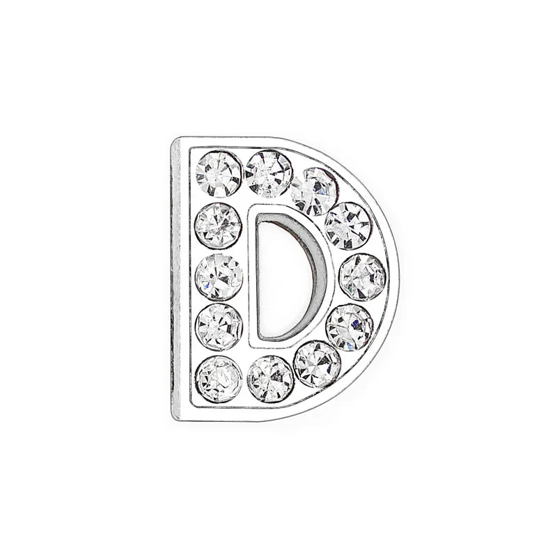 Silver rhinestone letter D slide charm for 8mm DIY pet collars to create personalized pet name jewelry.