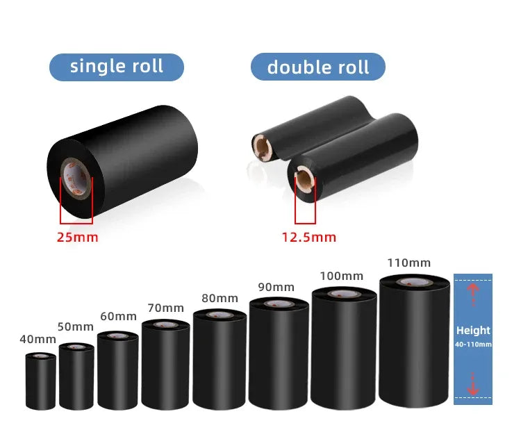 Wax ribbon roll size diagram with single and double roll width and height