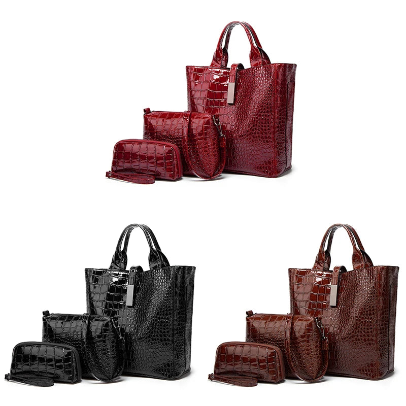 4-piece patent crocodile-embossed handbag set with satchel, shoulder bag, and clutch in black, burgundy, and brown.