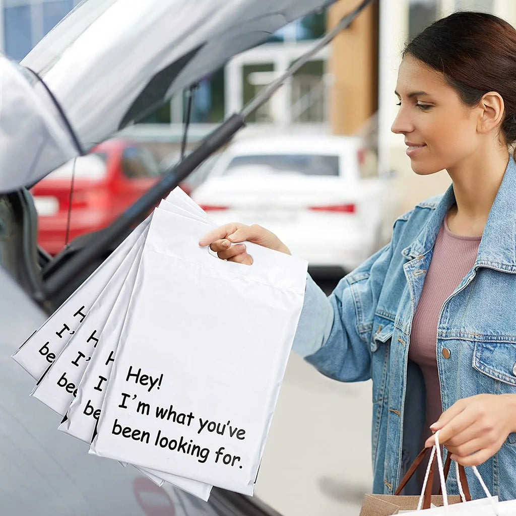 White plastic poly mailer bag with "Hey! I’m what you’ve been looking for." text