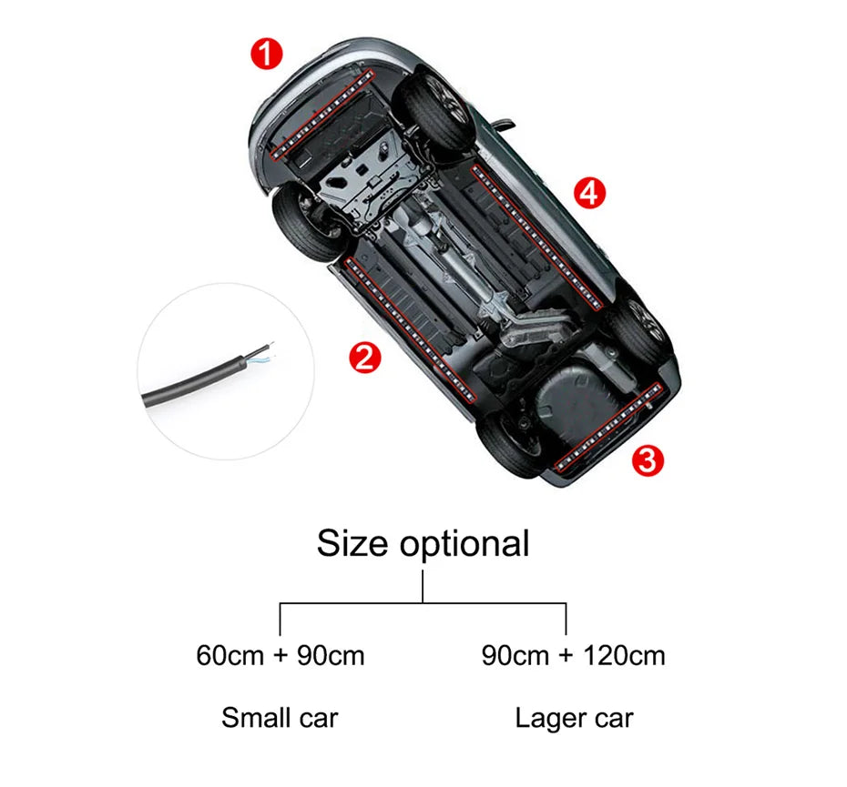 Car underglow LED light strips installed along the vehicle chassis, available in various lengths for different car