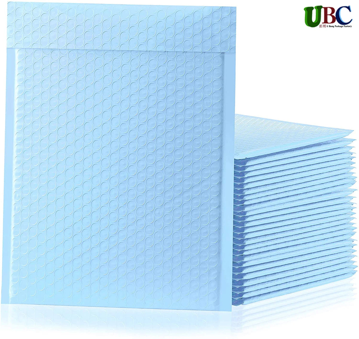 Light blue bubble poly mailer bag with UBC logo, stacked envelopes