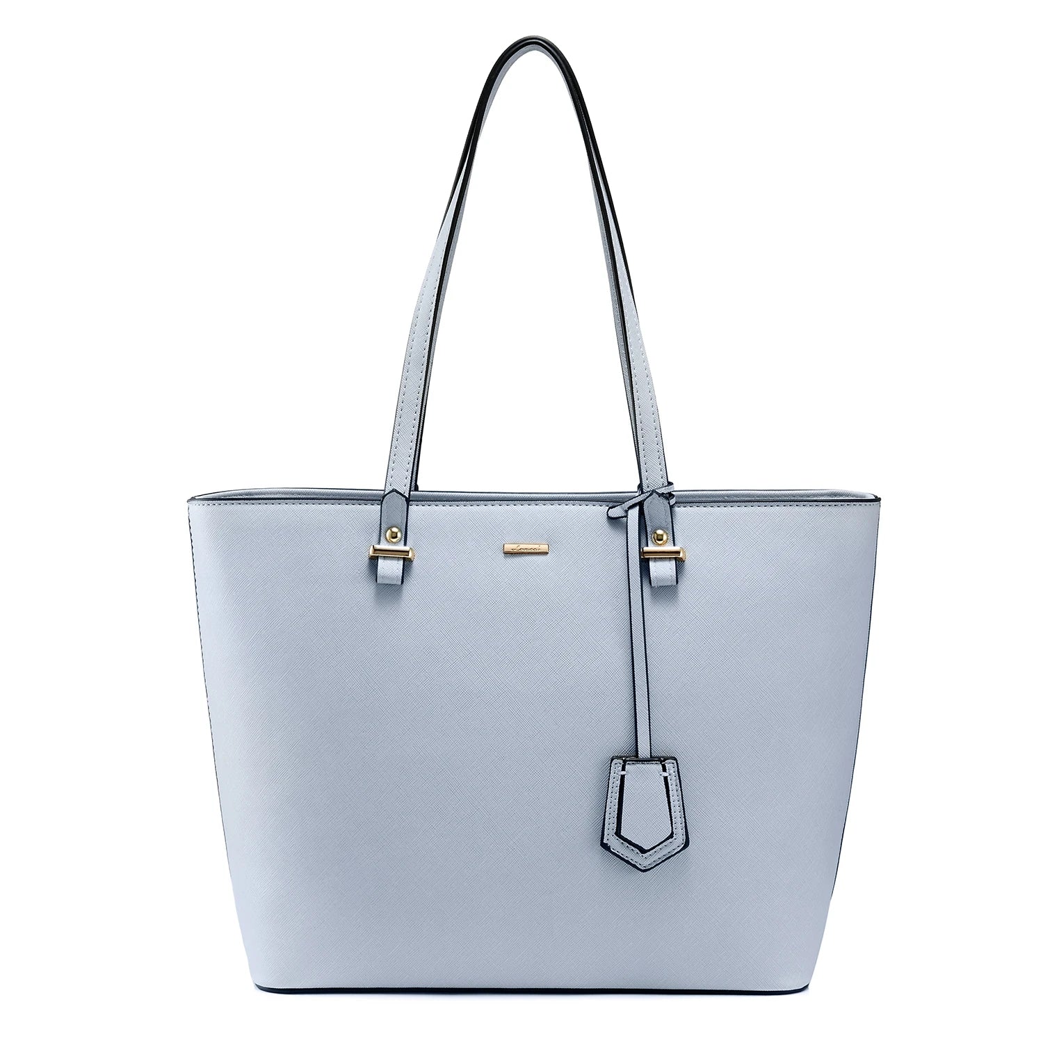 Elegant light blue PU leather designer tote bag with gold-tone hardware and structured shoulder straps.