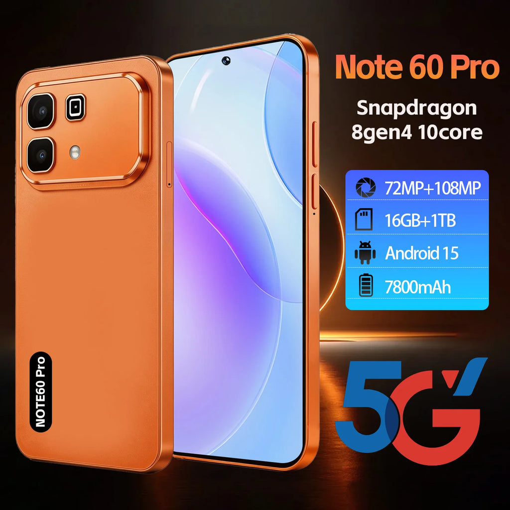 Note 60 Pro 5G smartphone showing side profile design with 16GB RAM and 1TB storage