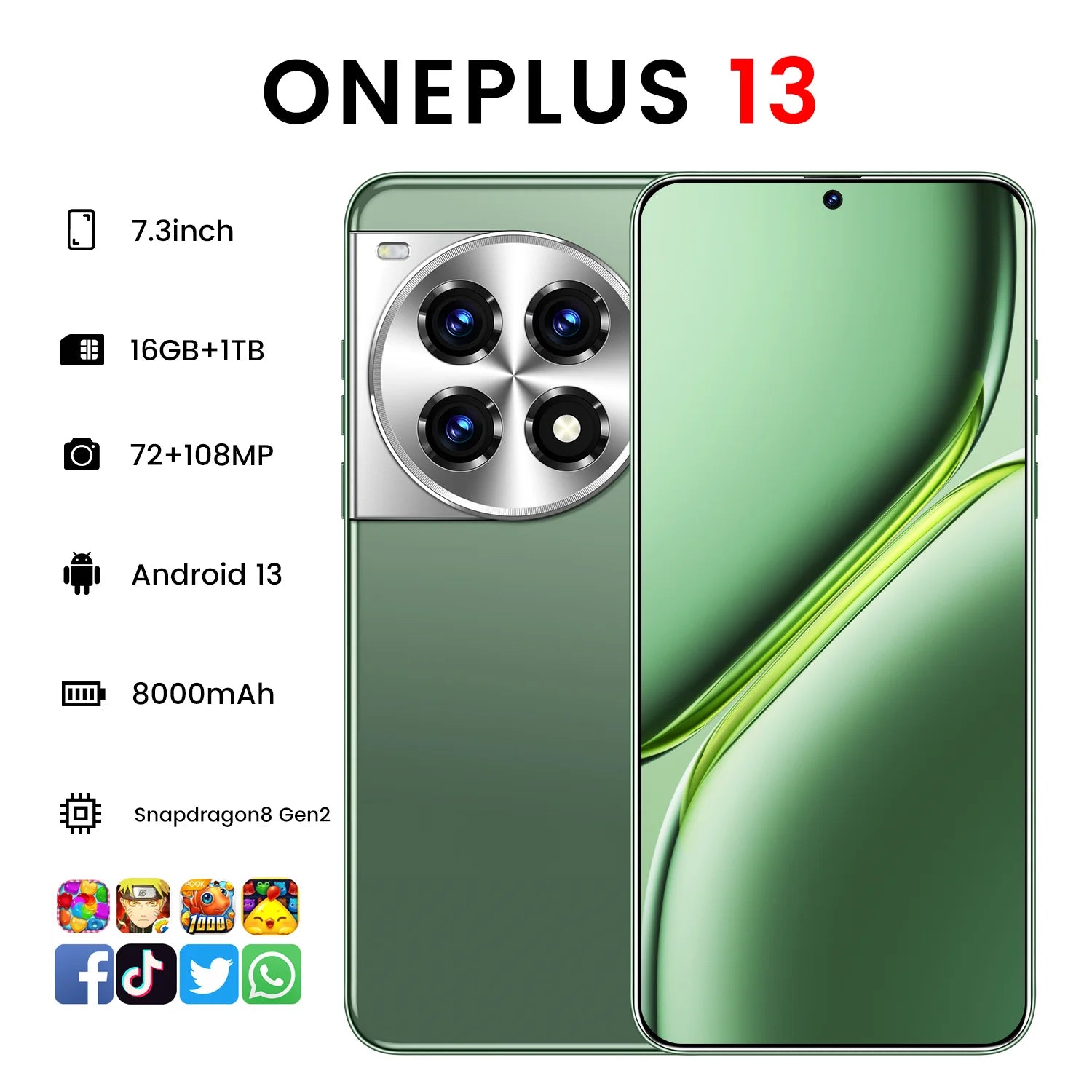 OnePlus 13 5G smartphone with 16GB RAM, 1TB storage, and 108MP camera, 7.3-inch OLED display view, gallery image 3