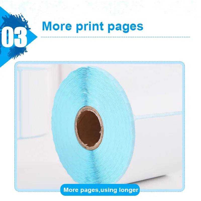 Thermal label sticker roll with blue backing, blank labels on paper roll