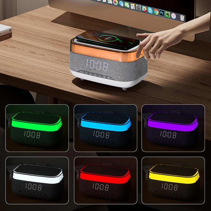 2025 New Multifunction Chargers RGB Led Night Light 15w Fast Wireless Charger Blue Tooth Music Speaker with Alarm Clock Tidesmit