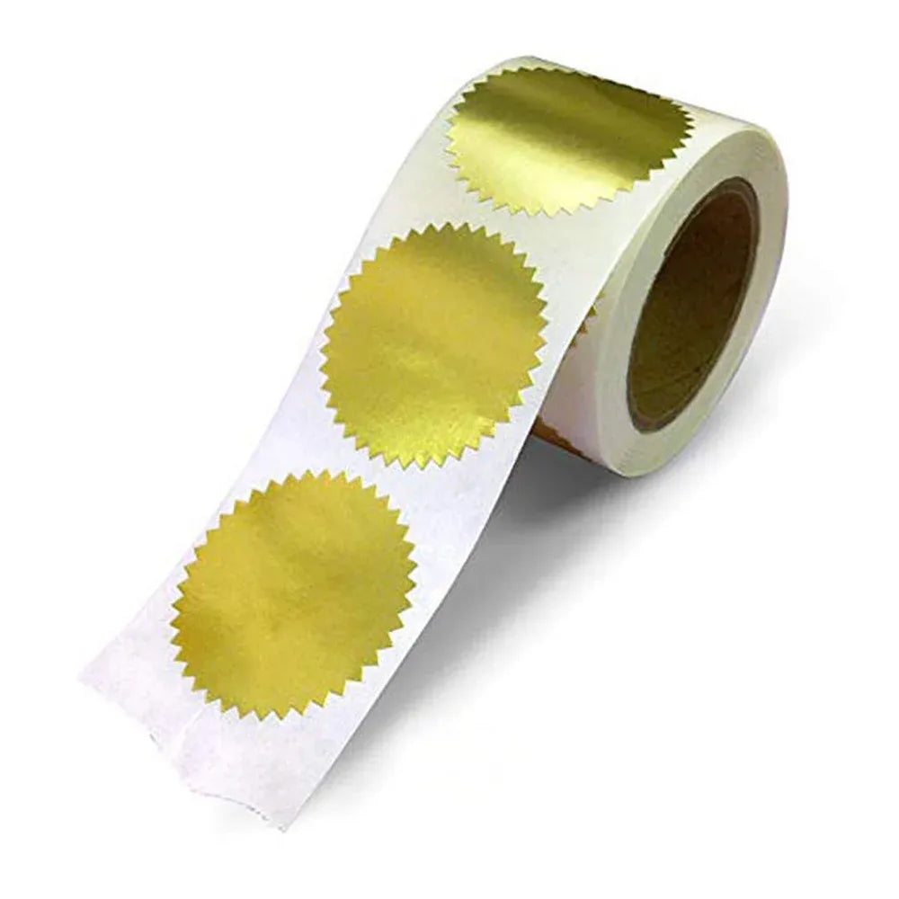 Gold metallic circular seal stickers roll with serrated edge circles