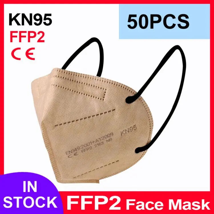 Beige 5-layer KN95 FFP2 face mask with black ear loops, textured protective fabric, and CE safety certification.