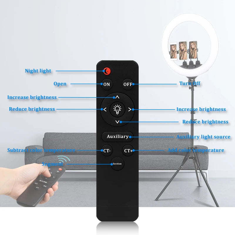 Black plastic remote control for a ring light, showing buttons for brightness, color temperature, and power settings.