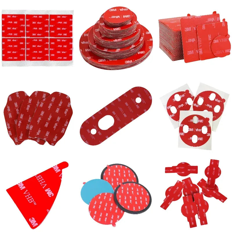 Assorted die-cut acrylic foam tape shapes on red backing sheets