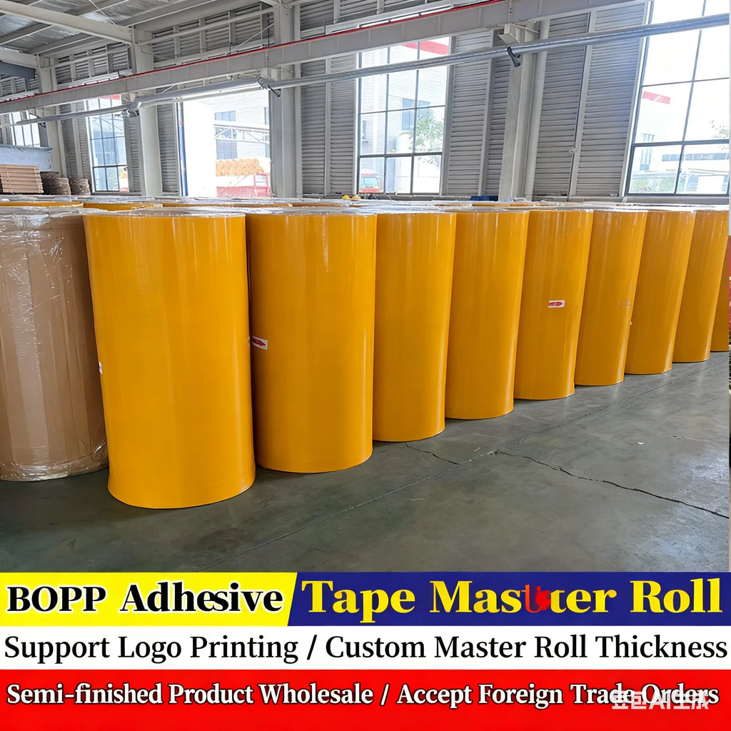 Row of wide packing tape rolls in yellow and clear, pressure-sensitive single-sided tape