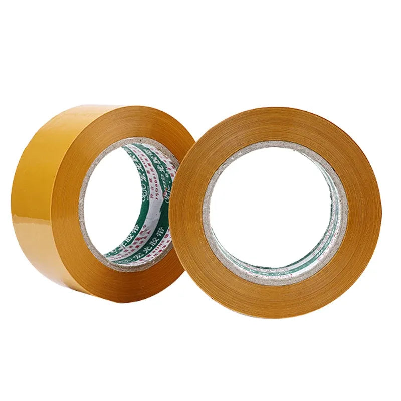 Brown packing tape rolls with visible inner core and metal edge