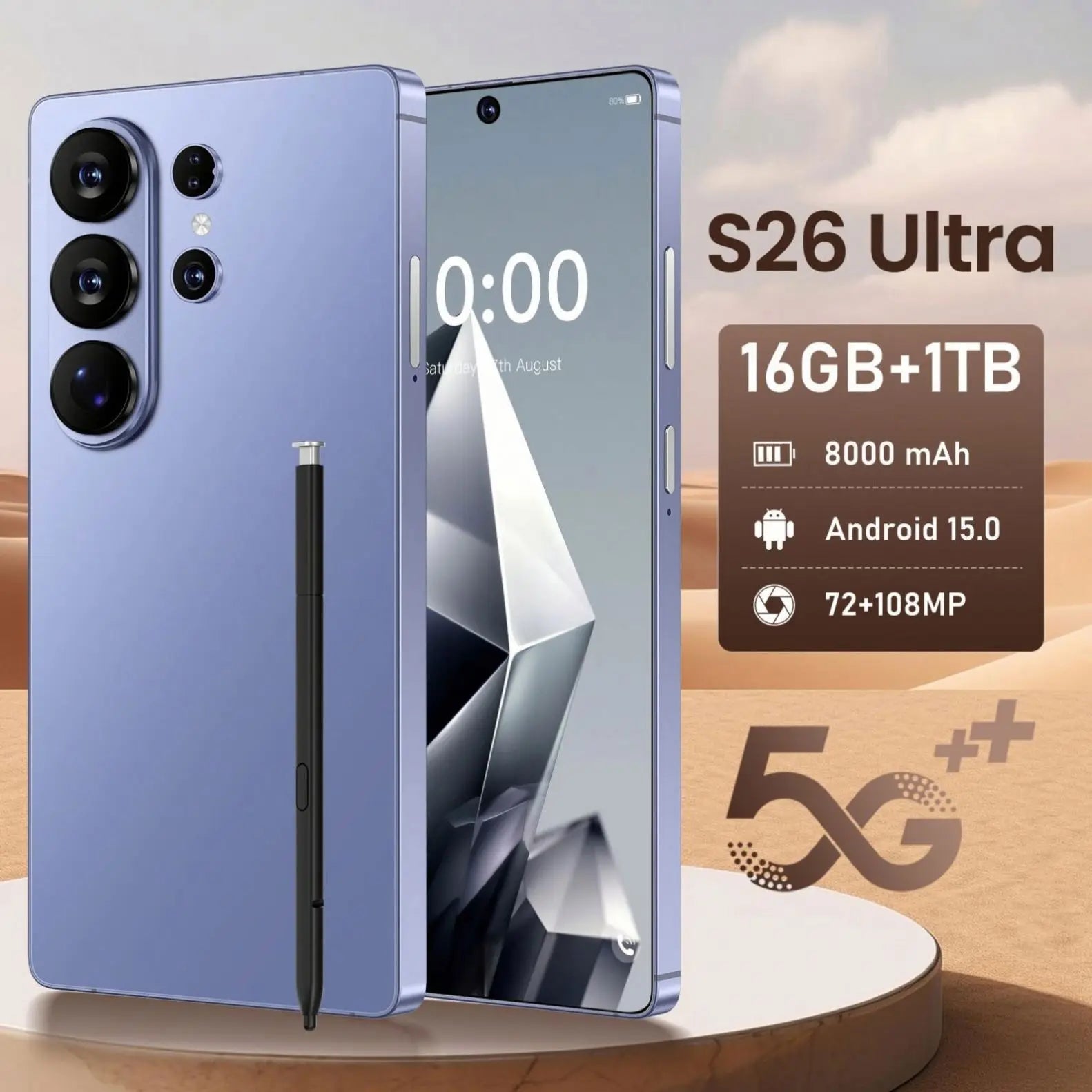 Original S26 Ultra 1TB 5G smartphone with 108MP camera and 7.3-inch HD display, side view