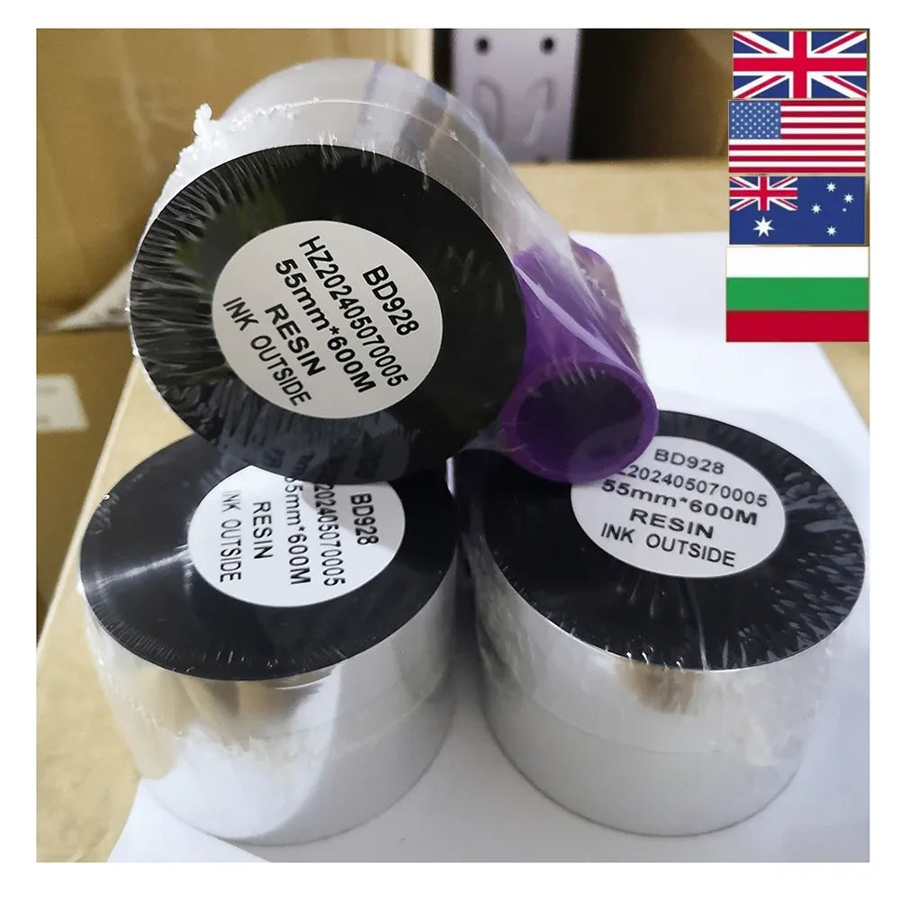 Wax/resin ink ribbon rolls with black spools and purple edging, labeled BD2025 and BD801