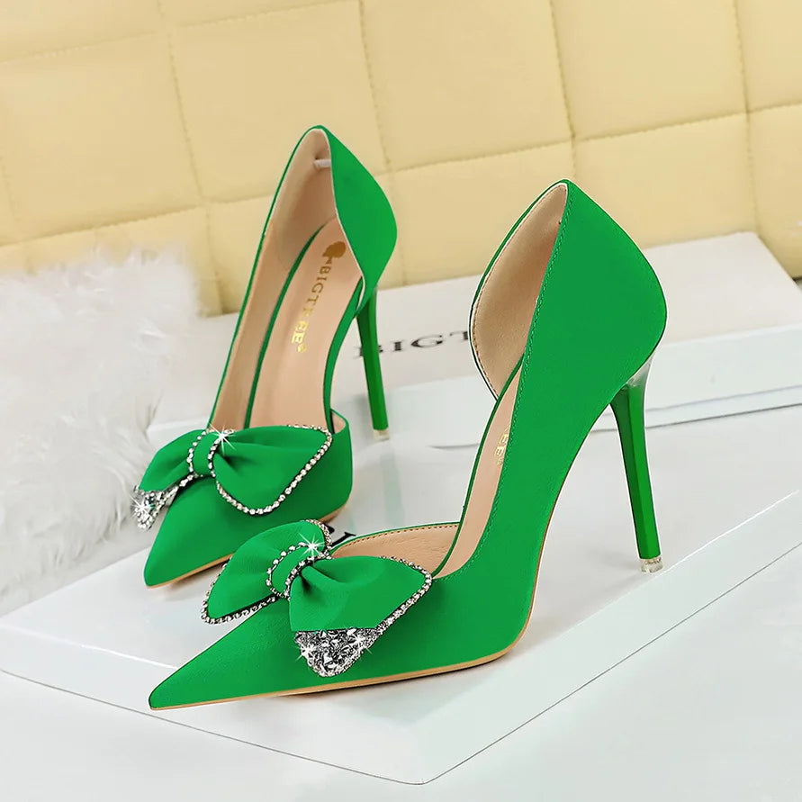 2026 New Water Crystal Bow Tie Womens Formal Solid Slip-On Thin Heels Party Professional High Heels