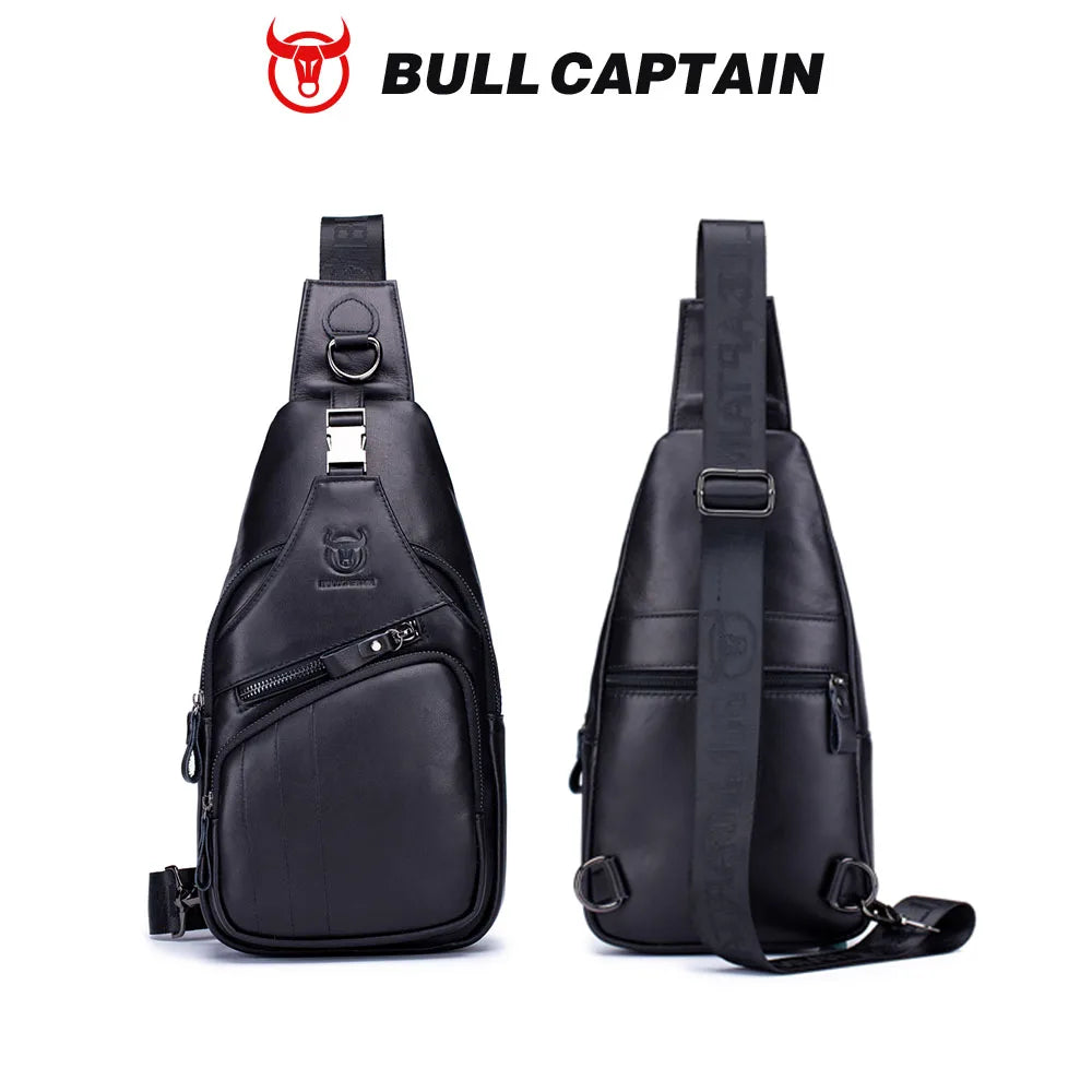 BULLCAPTAIN black genuine cow leather sling bag, vintage business crossbody, metal buckle, and branded shoulder strap.