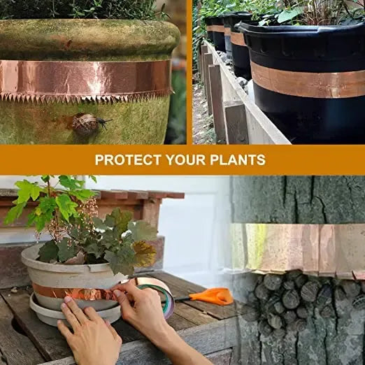 Copper foil tape strip applied as a protective wrap on outdoor plant containers
