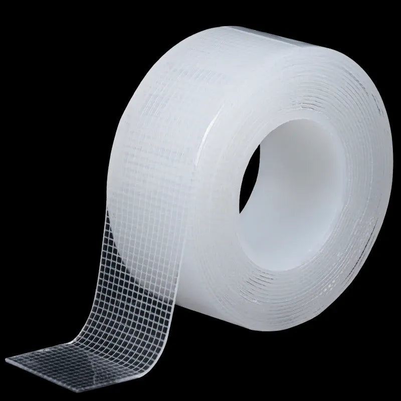 Transparent double-sided adhesive tape roll with mesh backing and clear backing