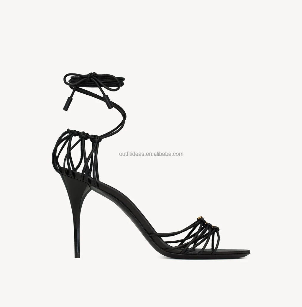 Lambskin Metal Design Black Party Sandal Top Quality 3.5 Inches Heels Ankle Chain Straps Pumps Women Leather Babylone Sandals