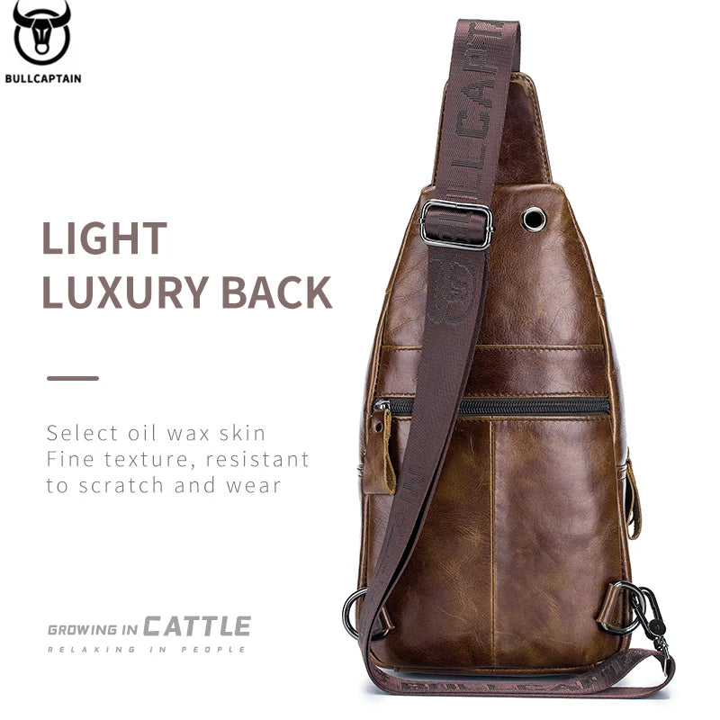 Brown Bullcaptain oil wax leather chest bag for men with adjustable logo strap and multi-function compartments.