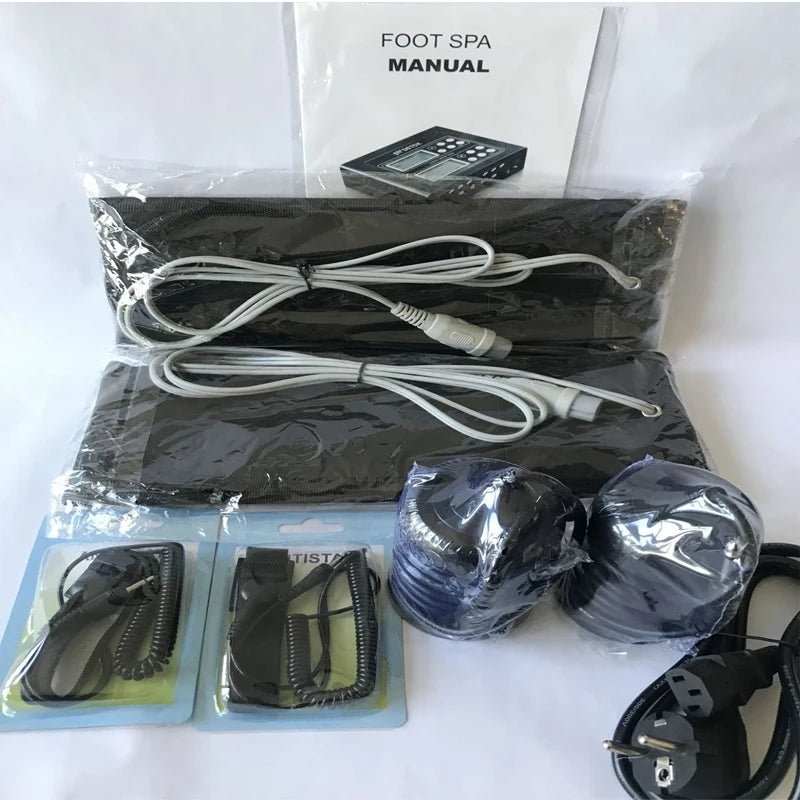 Dual ionic detox foot spa machine set with far infrared waist belts, electrode arrays, manual, and power cable.