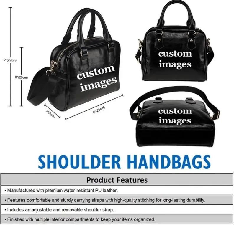 Black PU leather mini trunk handbag for women with adjustable strap and vintage-style custom print design.
