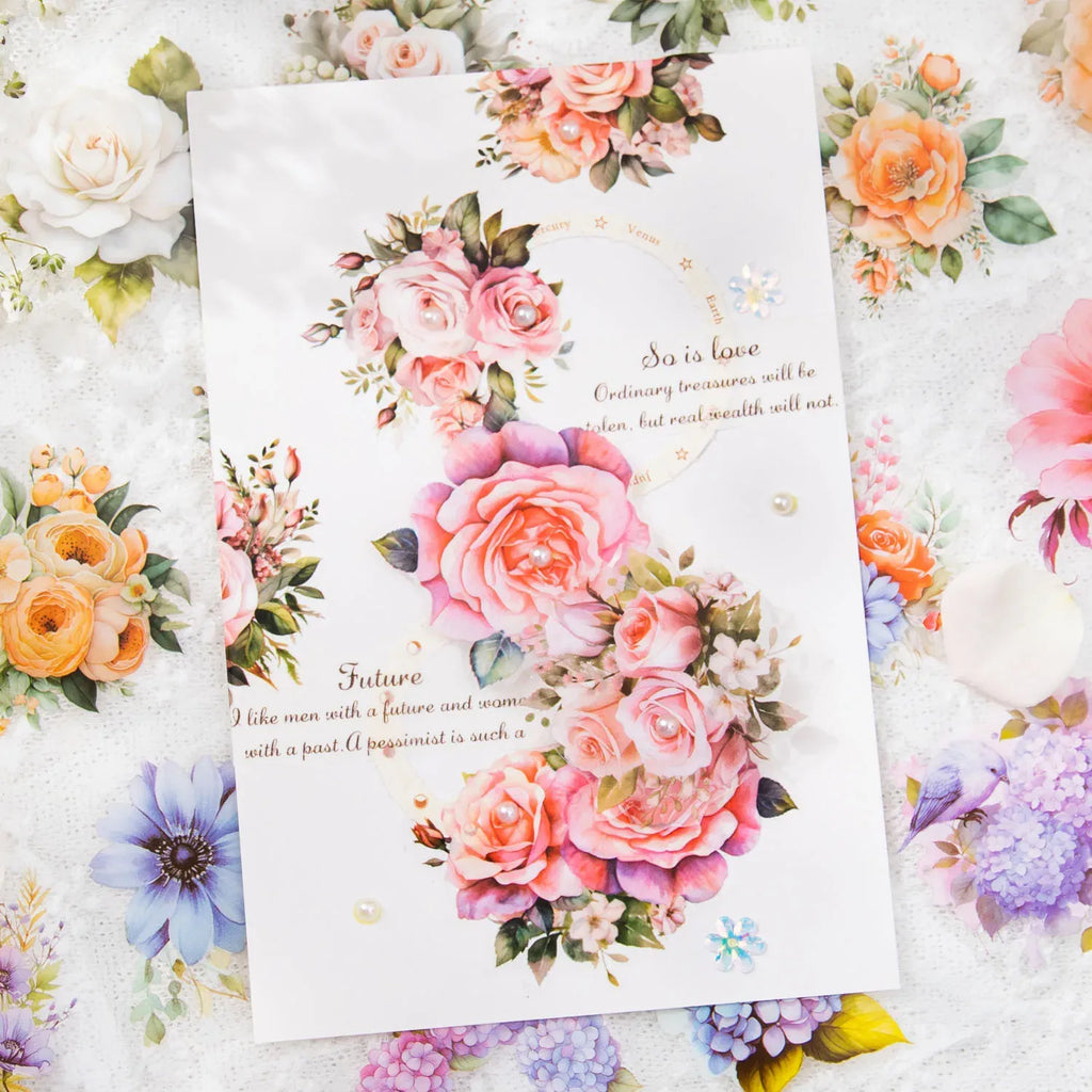 Rose and wildflower sticker design sheet with pink blooms and small golden dots