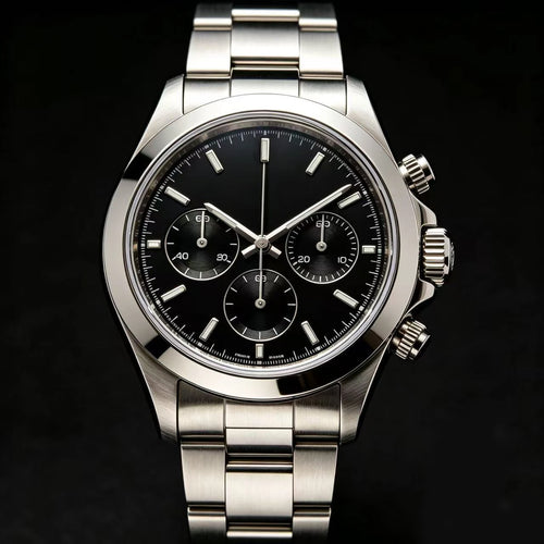 Luxury stainless steel mechanical chronograph watch with black dial and silver link bracelet for sports and business.
